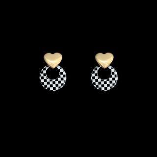 Heart Checker Hoop Dangle Earring 1 Pair - Black & Gold & White - One Size