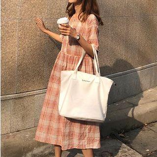 Short-sleeve Plaid A-line Midi Dress Light Orange - One Size