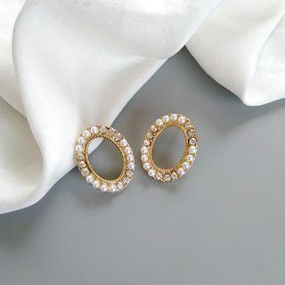 Rhinestone Faux Pearl Oval Earring 1 Pair - Stud Earrings - White & Gold - One Size
