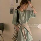 Set: Short-sleeve Plain T-shirt + Wide-leg Shorts T-shirt - Avocado Green - One Size / Shorts - Avocado Green - One Size