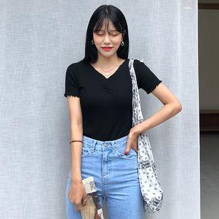 V-neck Shirred-front Ribbed Top