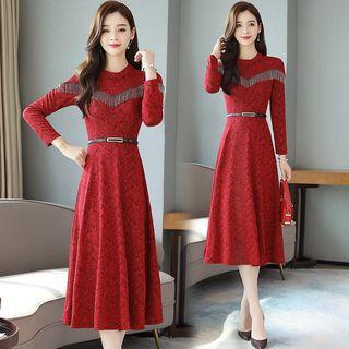 Long-sleeve Fringed Trim Patterned A-line Midi Dress