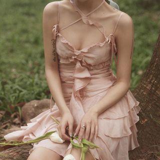Spaghetti Strap Ruffled A-line Layered Dress