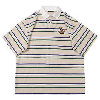 Elbow-sleeve Bear Embroidered Striped Polo Shirt