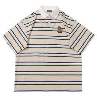 Elbow-sleeve Bear Embroidered Striped Polo Shirt