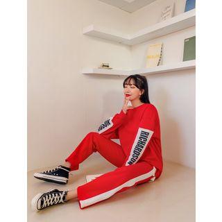 Set: Contrast-trim Patched Pullover + Semi Boot-cut Pants
