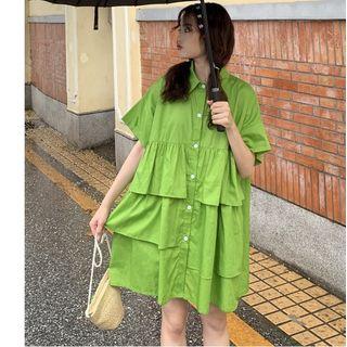 Tiered Short-sleeve Shirt Dress