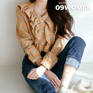 Plus Size Buttoned Frilled Plaid Blouse