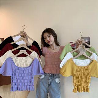 Balloon-sleeve Smocked Knit Top