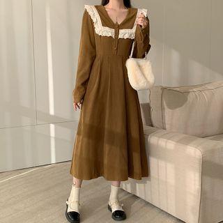 Corduroy Lace Trim V-neck Long-sleeve Dress