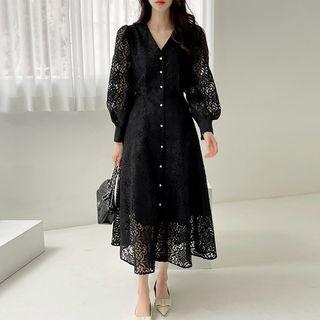 Button-up Flared Long Lace Dress