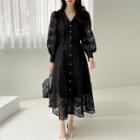 Button-up Flared Long Lace Dress