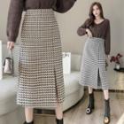 Houndstooth Midi A-line Wool Skirt