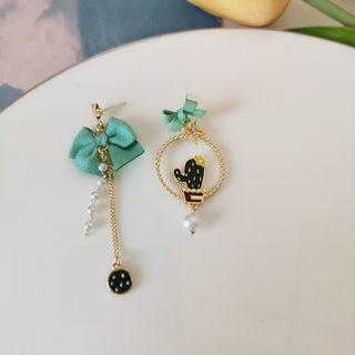 Bow Cactus Faux Pearl Asymmetrical Alloy Dangle Earring