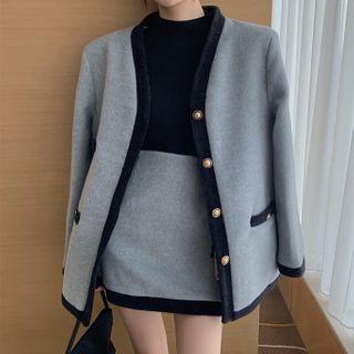 Contrast Trim Button-up Jacket / Mini Skirt