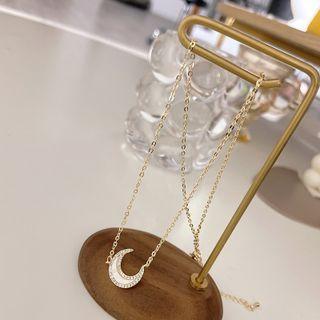 Moon Rhinestone Shell Pendant Necklace 1 Pc - Necklace - Gold - One Size