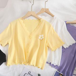 Short-sleeve Floral Applique Buttoned Knit Top