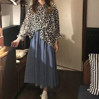 Leopard Print Long-sleeve Loose-fit Shirt / Plain A-line Skirt