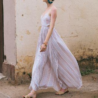 Spaghetti-strap Striped Cutout-waist Maxi Dress