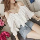 Elbow-sleeve Cold-shoulder Ruffle Blouse