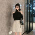 Cold-shoulder Faux Diamond Top / Faux Leather Skirt