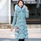 Embroidered Hooded Fluffy Trim Midi Padded Jacket