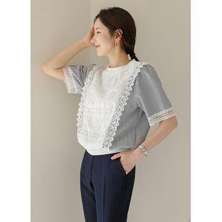 Round-neck Lace-panel Stripe Top