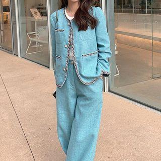 Set: Contrast Trim Jacket + Wide Leg Pants