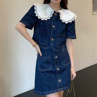 Short-sleeve Collar Denim Blouse / Mini A-line Skirt