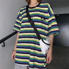 Embroidered Striped Color Block T-shirt Purple - One Size
