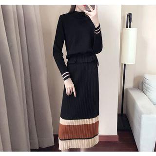 Set: Mock Neck Knit Top + Color Block Midi Knit Skirt