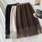 Plain High-waist Faux Shearling Panel Lace Skirt