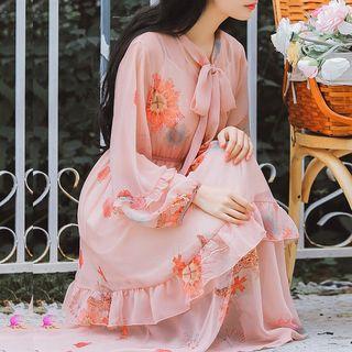 Set: Long-sleeve Floral Print Midi Chiffon Dress + Slipdress