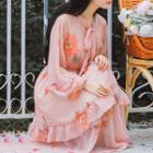 Set: Long-sleeve Floral Print Midi Chiffon Dress + Slipdress