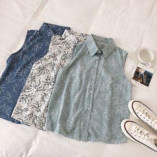 Floral Single-breasted Sleeveless Chiffon Blouse