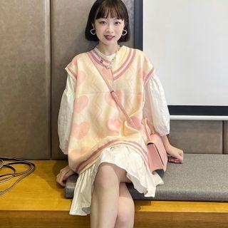 V-neck Heart Print Sweater Vest / Balloon-sleeve Mini A-line Dress