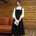 Set: Mock-neck Sweater + Corduroy Midi Overall Dress