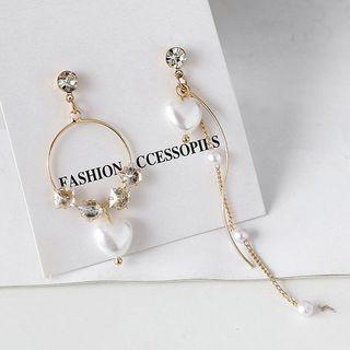Non-matching Faux Pearl Heart Rhinestone Dangle Earring