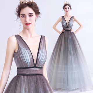 Sleeveless Contrast Piped Glitter Mesh A-line Gown