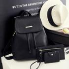 Set: Faux Leather Drawstring Backpack + Clutch + Wallet Set Of 3 - Black - One Size