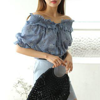 Off-shoulder Tie-front Floral Print Top