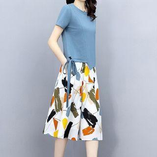 Set: Irregular T-shirt + Print Midi A-line Skirt