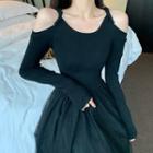 Cold-shoulder Mesh Panel Long-sleeve Midi A-line Dress