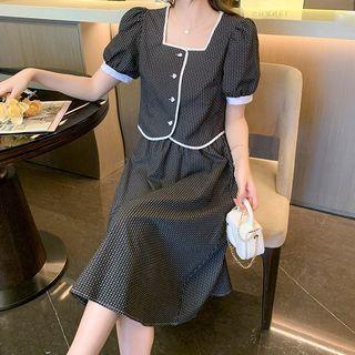 Set: Puff-sleeve Square Neck Blouse + Midi A-line Skirt