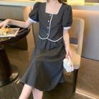 Set: Puff-sleeve Square Neck Blouse + Midi A-line Skirt