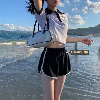 Short-sleeve Lettering Cropped Polo Shirt / Shorts