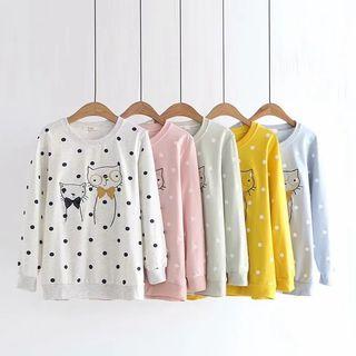 Cat Embroidered Dotted Pullover
