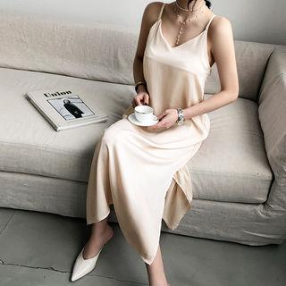 Spaghetti-strap Slit-side Satin Dress
