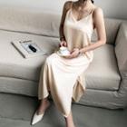 Spaghetti-strap Slit-side Satin Dress