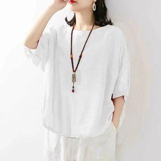 Elbow-sleeve Crew Neck Tunic Shirt